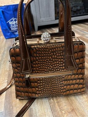 Women's Brown Croc-Embossed Satchel Handbag with Crystal Clasp (Ameri Mode)